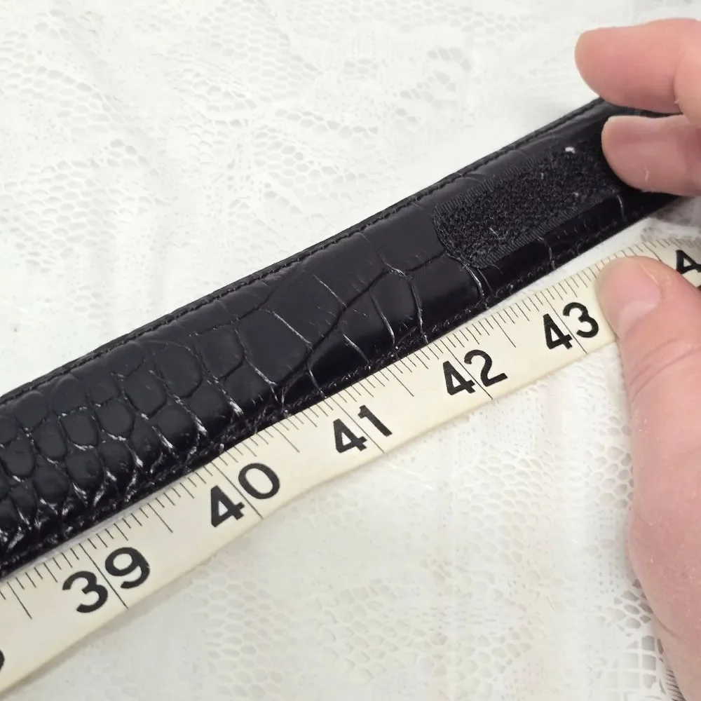 Vintage Terry Stack Black Hook and Loop Italian Leather Croco Embossed Belt